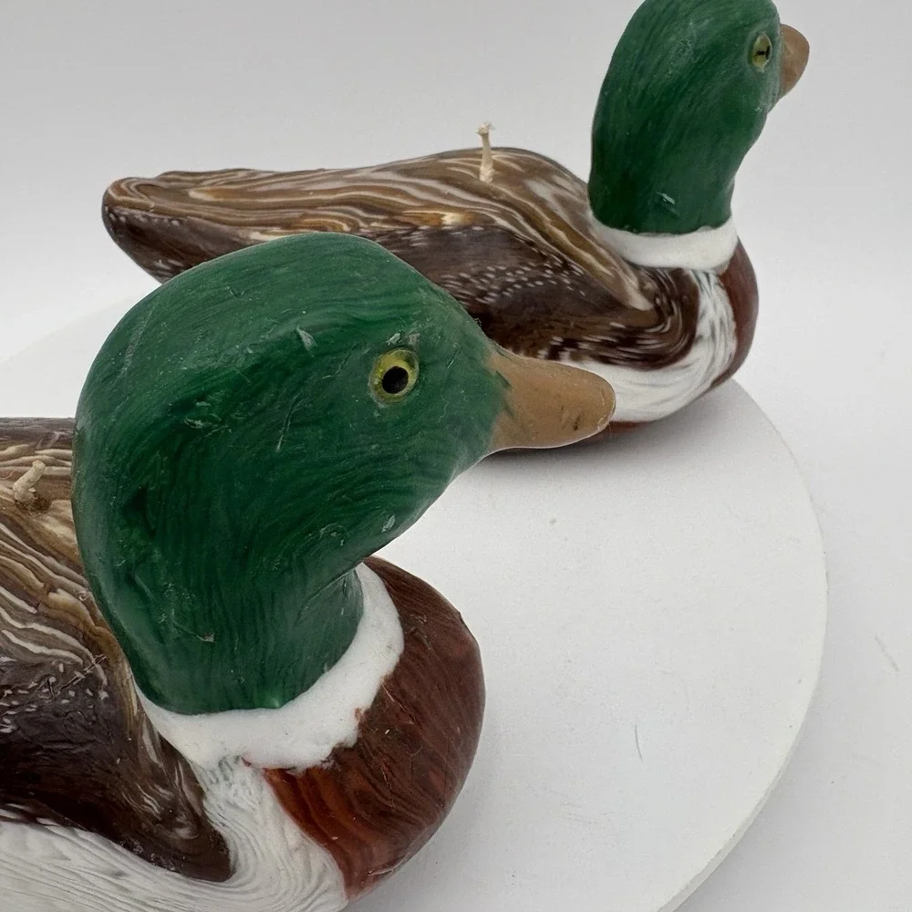 Pair Of‎ Handmade Brown/Green Mallard Duck Candles With Wick Vintage